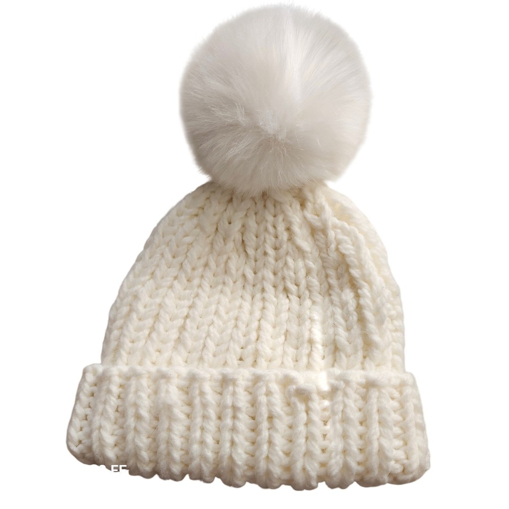 Free People Beanie Women OS White Chunky Knit Faux Fur Pom Pom Hat Apres Ski